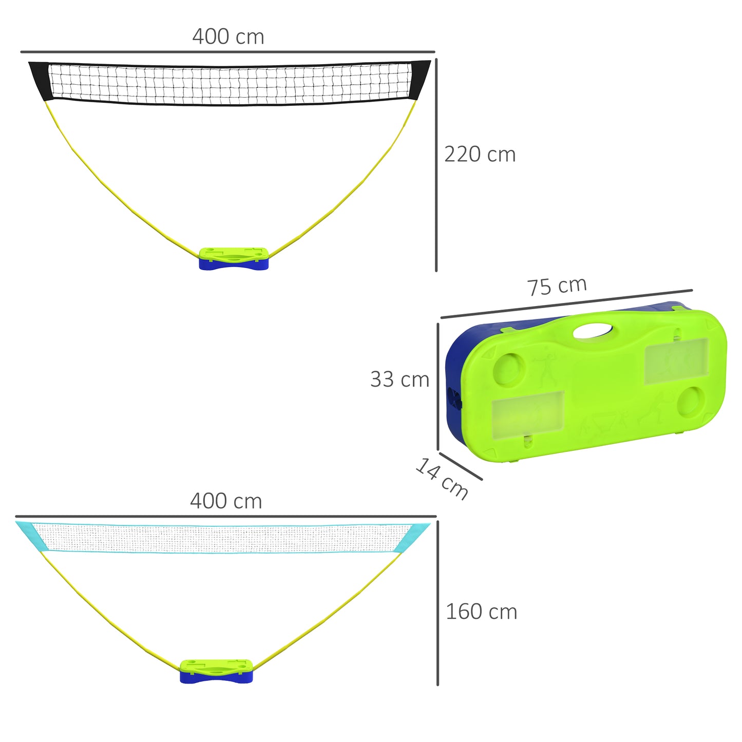 SPORTNOW Badminton-Netz-Set Volleyball-Netz-Set, 3-teiliges Set, 400 cm x 22,4 cm x 155 cm, Schwarz + Blau + Grün
