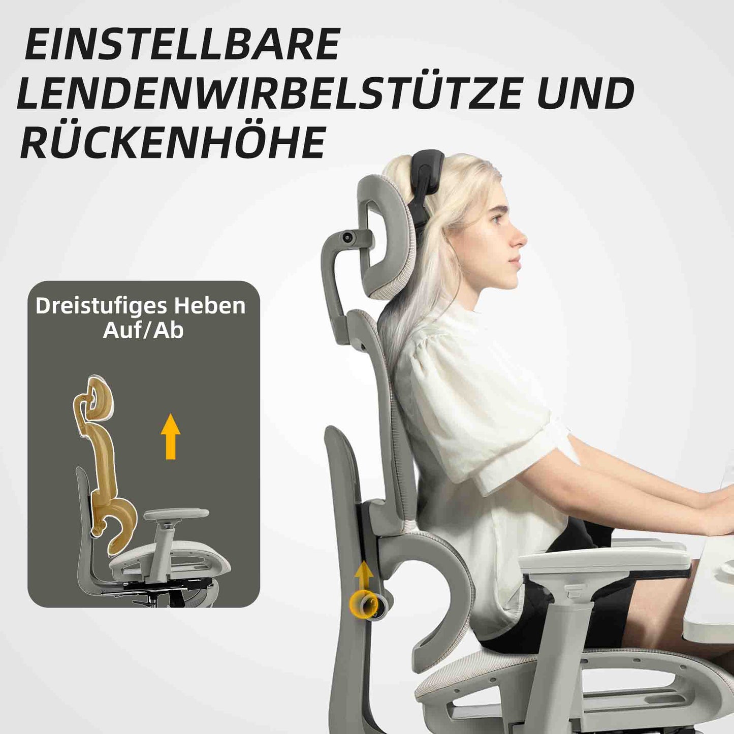 HOMCOM Bürostuhl, Ergonomischer Schreibtischstuhl mit Netzstoffbezug, verstellbar, rollbar, mit Armlehnen, Kopfstütze, Beige