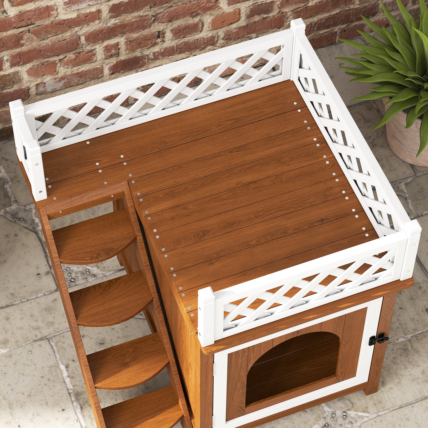 PawHut Katzenhaus, zweistöckig, mit Balkon und Treppe, für drinnen und draußen, für Katzen und Kaninchen, Tannenholz, Braun