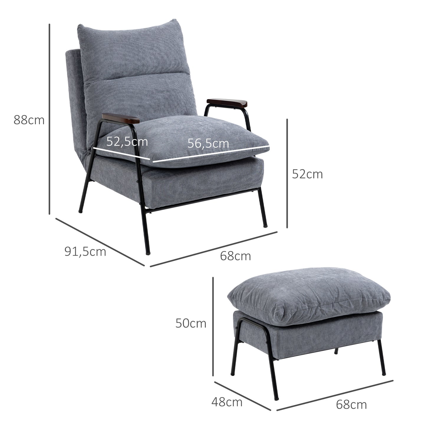 HOMCOM Sessel mit Ottomane Polstersessel Relaxsessel, inkl. Kissen, 68 cm x 91,5 cm x 88 cm, Hellgrau