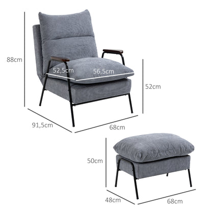 HOMCOM Sessel mit Ottomane Polstersessel Relaxsessel, inkl. Kissen, 68 cm x 91,5 cm x 88 cm, Hellgrau