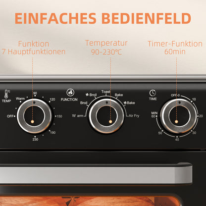 HOMCOM Minibackofen, 20L, 5 Funktionen, 360° Heißluft, Grillrost, Krümelblech, Schwarz