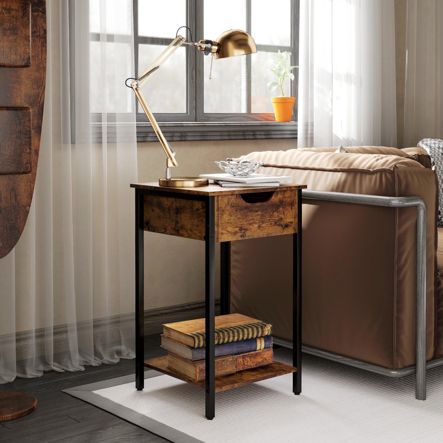 HOMCOM Beistelltisch im Industriestil, Schublade, Ablagefach, Metallrahmen, Holz, 40 x 40 x 68 cm, Braun