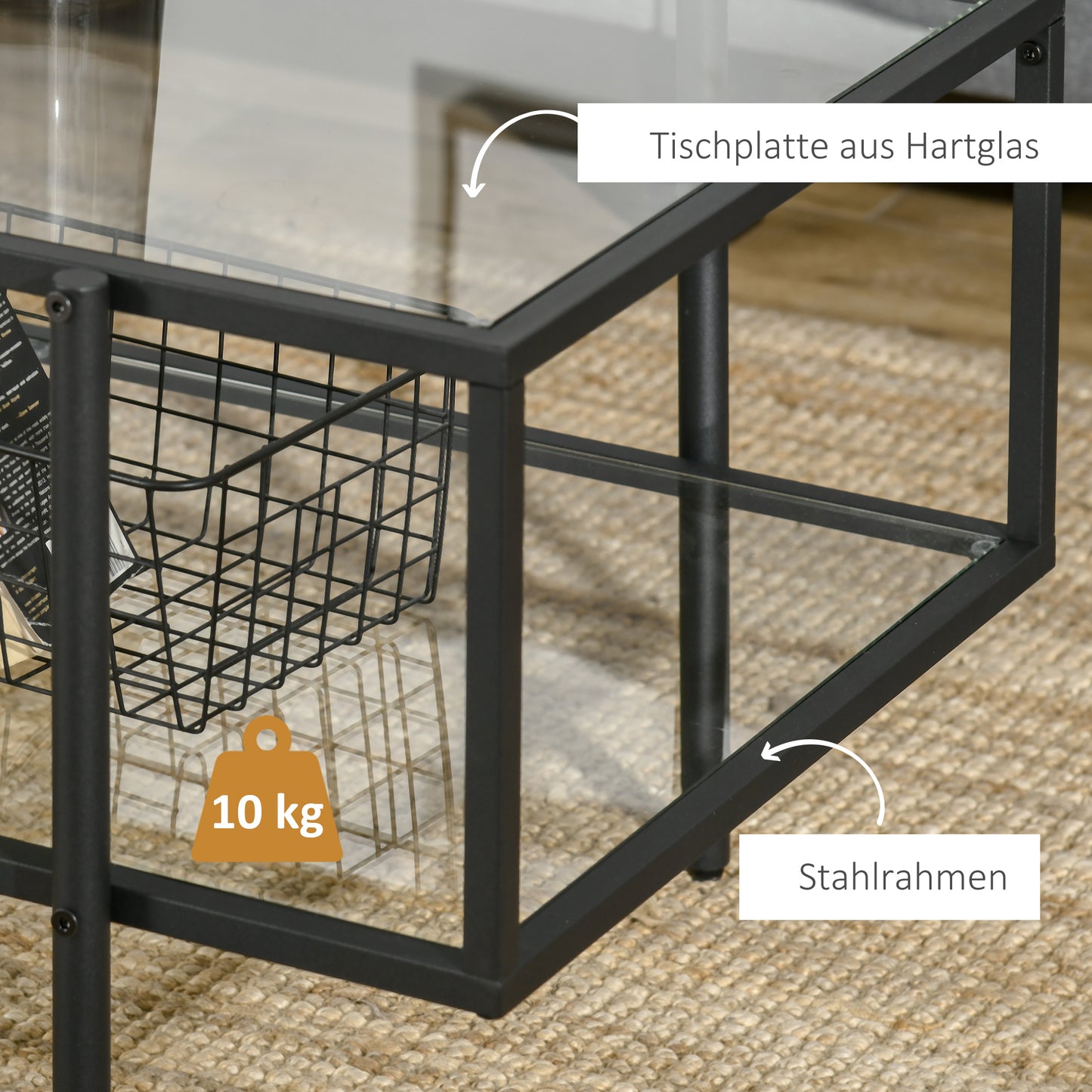 HOMCOM Couchtisch mit Ablage, verstellbare Füße, Stahlrahmen, Glasplatte, 100 x 55 x 45,5 cm, Weiß
