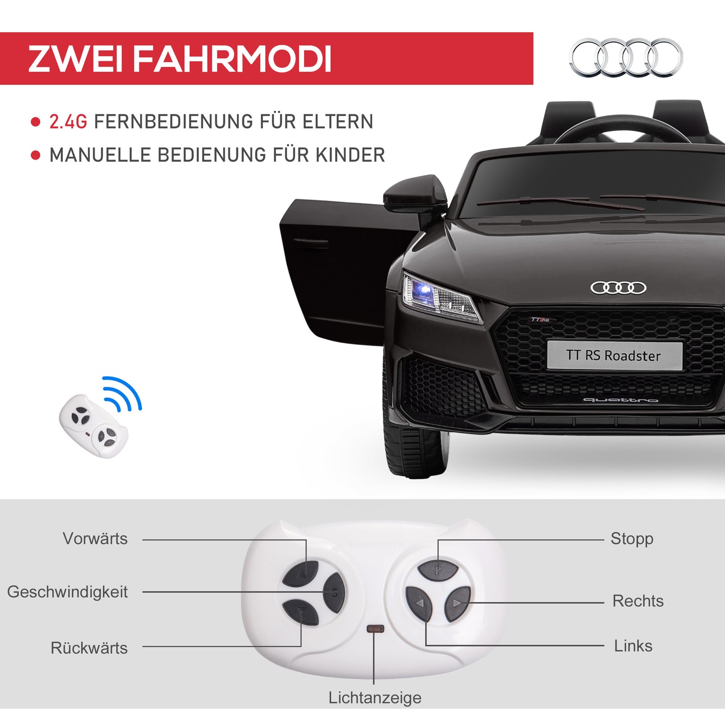 HOMCOM Kinder-Elektroauto Audi, mit 2,4G Fernbedienung, Musik, Hupe, LED, USB, für Kinder 3-5 Jahre, Schwarz