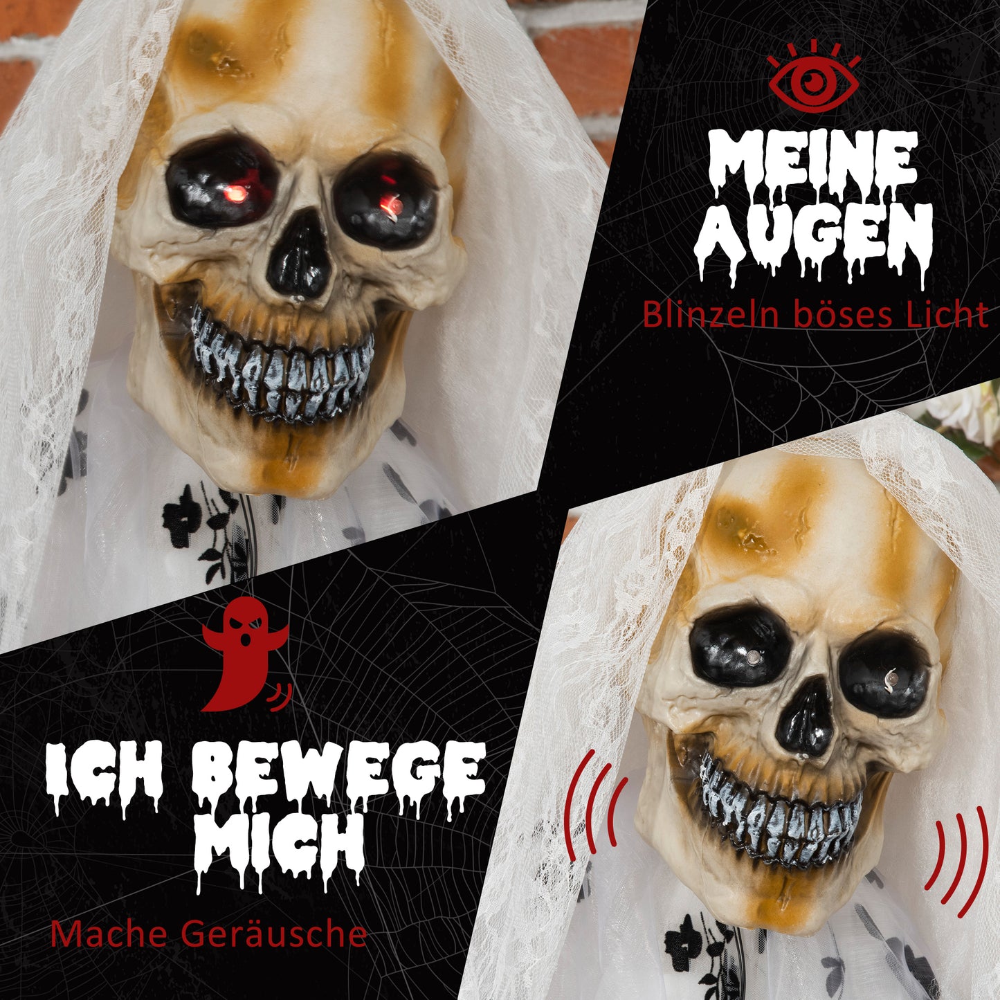 Outsunny Halloween-Dekoration Geisterbraut, Schreie & Augenleuchten, bewegungsaktiviert, 170cm groß, Indoor