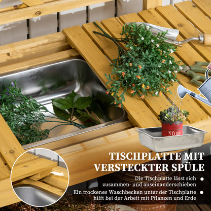 Outsunny Garten-Arbeitstisch, integriertes Edelstahl-Spülbecken, 2 Ablagen, Massivholz, braun, 92 x 45 x 120 cm