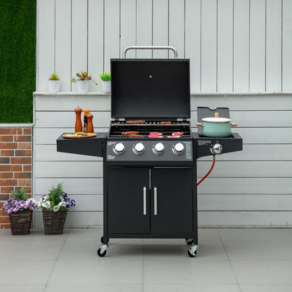Outsunny Gasgrill BBQ mit 3 Brennern je 3 kw mobiler Grillwagen mit 4 Rädern Grillnetz Seitentischen Druckminderer Schläuche Schrank Multifunktion Metall Schwarz 132,4cm x 55cm x 109cm