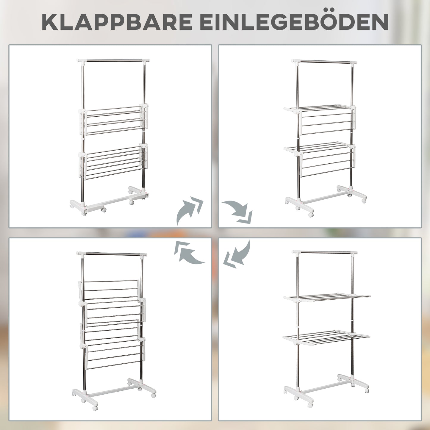 HOMCOM Turmwäscheständer ausziehbar Standtrockner mit 3 Ebenen, klappbare Flügel, Rollen, Wäschetrockner für Innen und Außen, Weiß, 83-136,5 x 45,5 x 154 cm