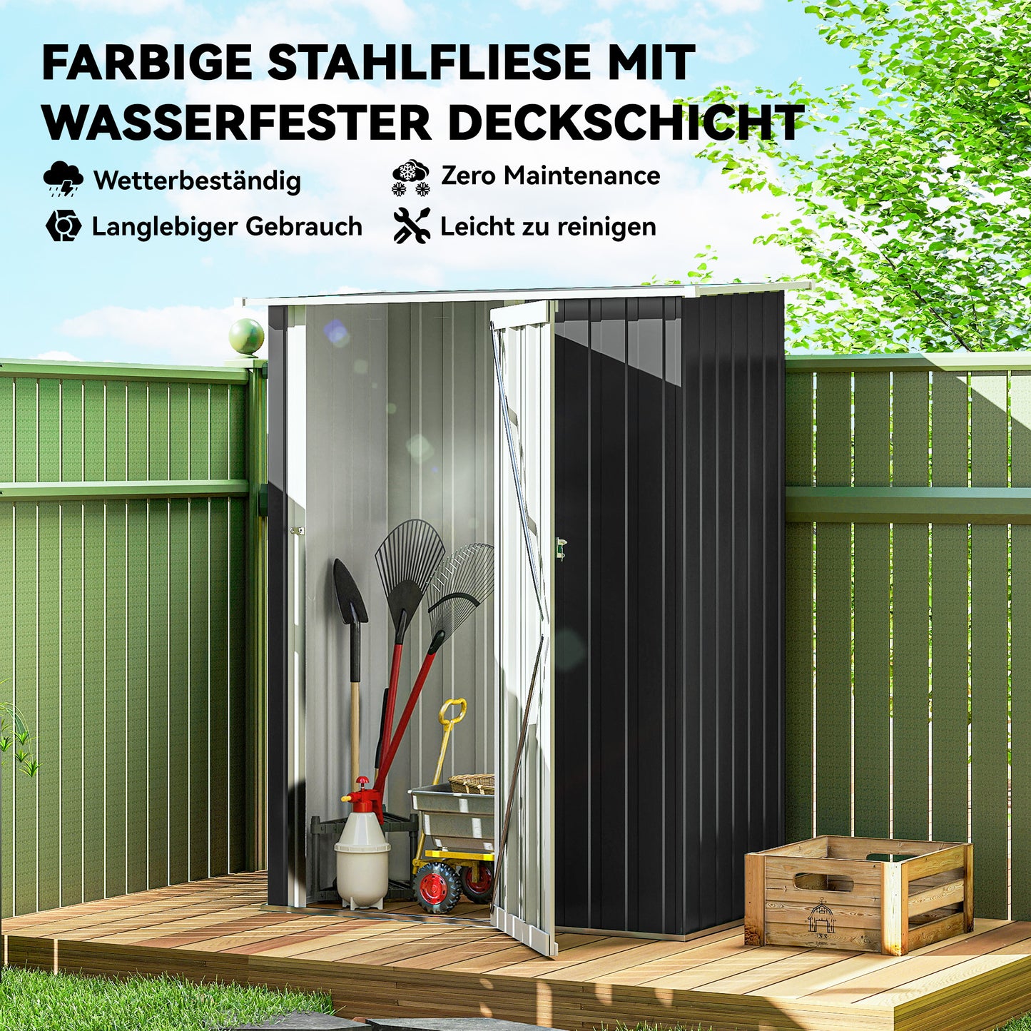 Outsunny Metall Gerätehaus 1,07 m² mit Schrägdach, 142 x 84 x 189 cm Geräteschuppen mit abschließbar Tür, Garten Schuppen, Gartenhaus Dunkelgrau