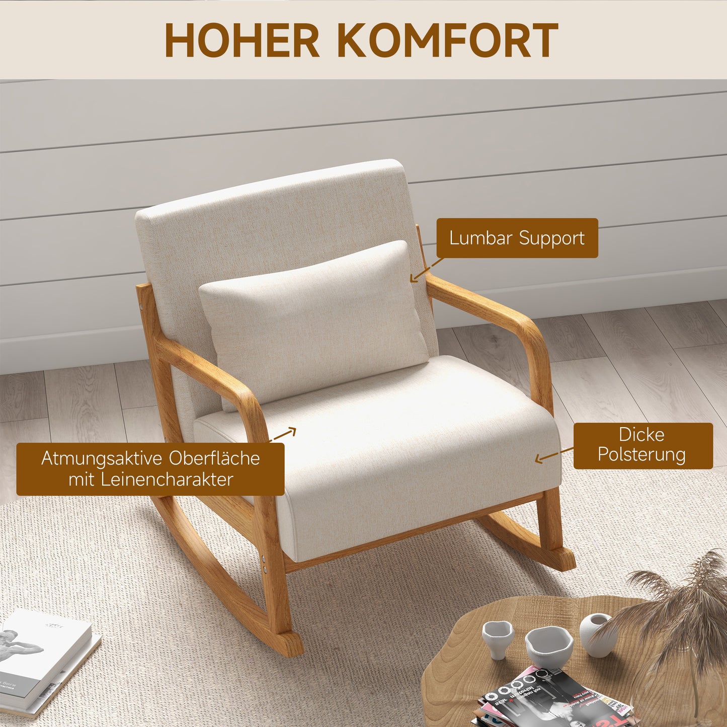 HOMCOM Schaukelstuhl im Retrodesign, Gummibaumholz, 64,5 cm x 92 cm x 81, 5 cm, Beige + Braun