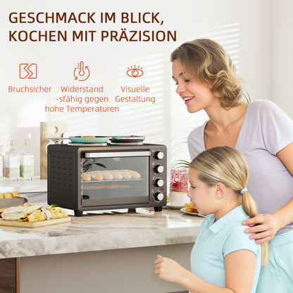 HOMCOM 28 L Toasterofen, Kompakter Backofen zum Kochen und Grillen, Elektro-Ofen mit Backblech, Grillrost, 2600W, Schwarz