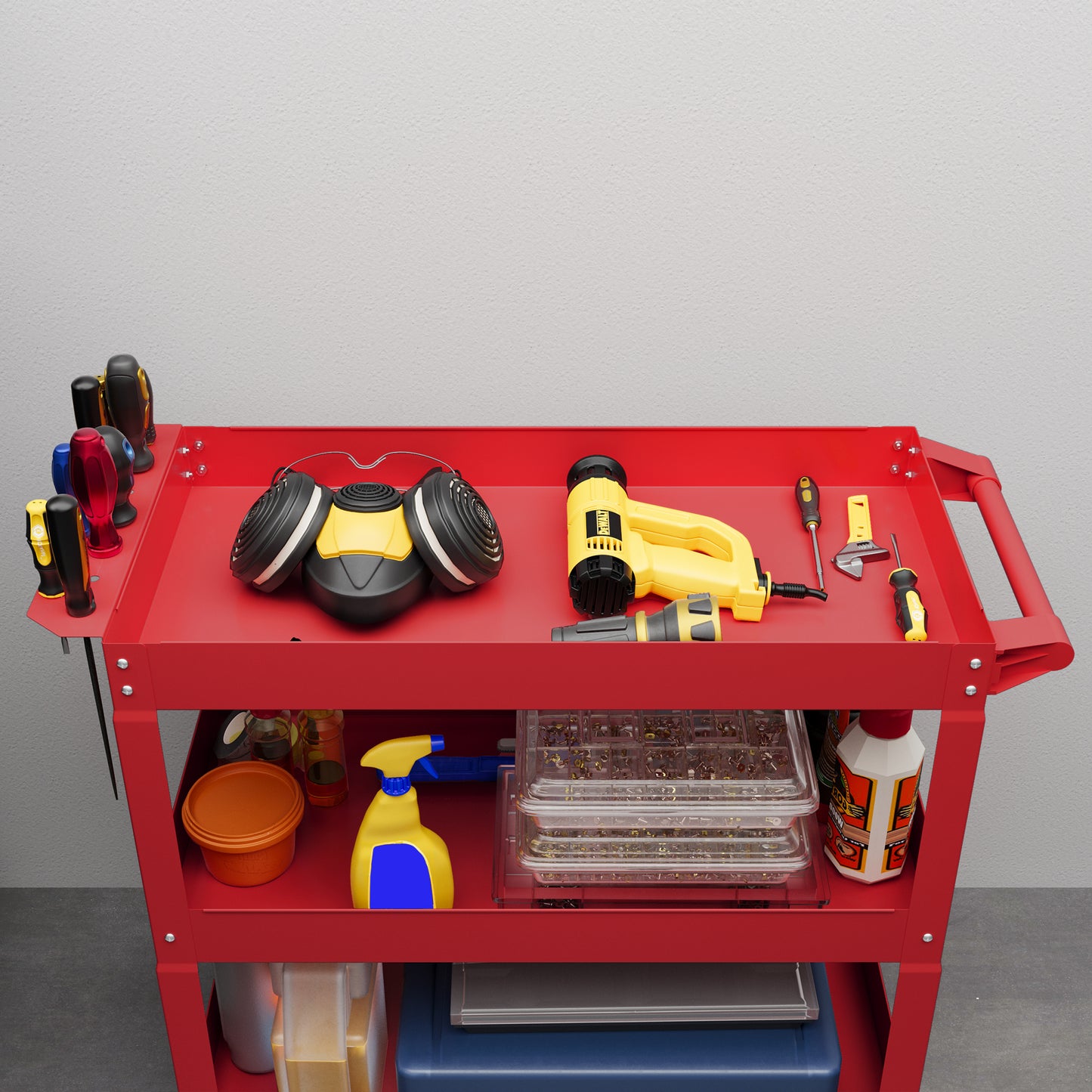 DURHAND 3-stufiger Werkzeugwagen, 4 Rollen, Stahl, 83B x 35,3T x 76H cm, Rot