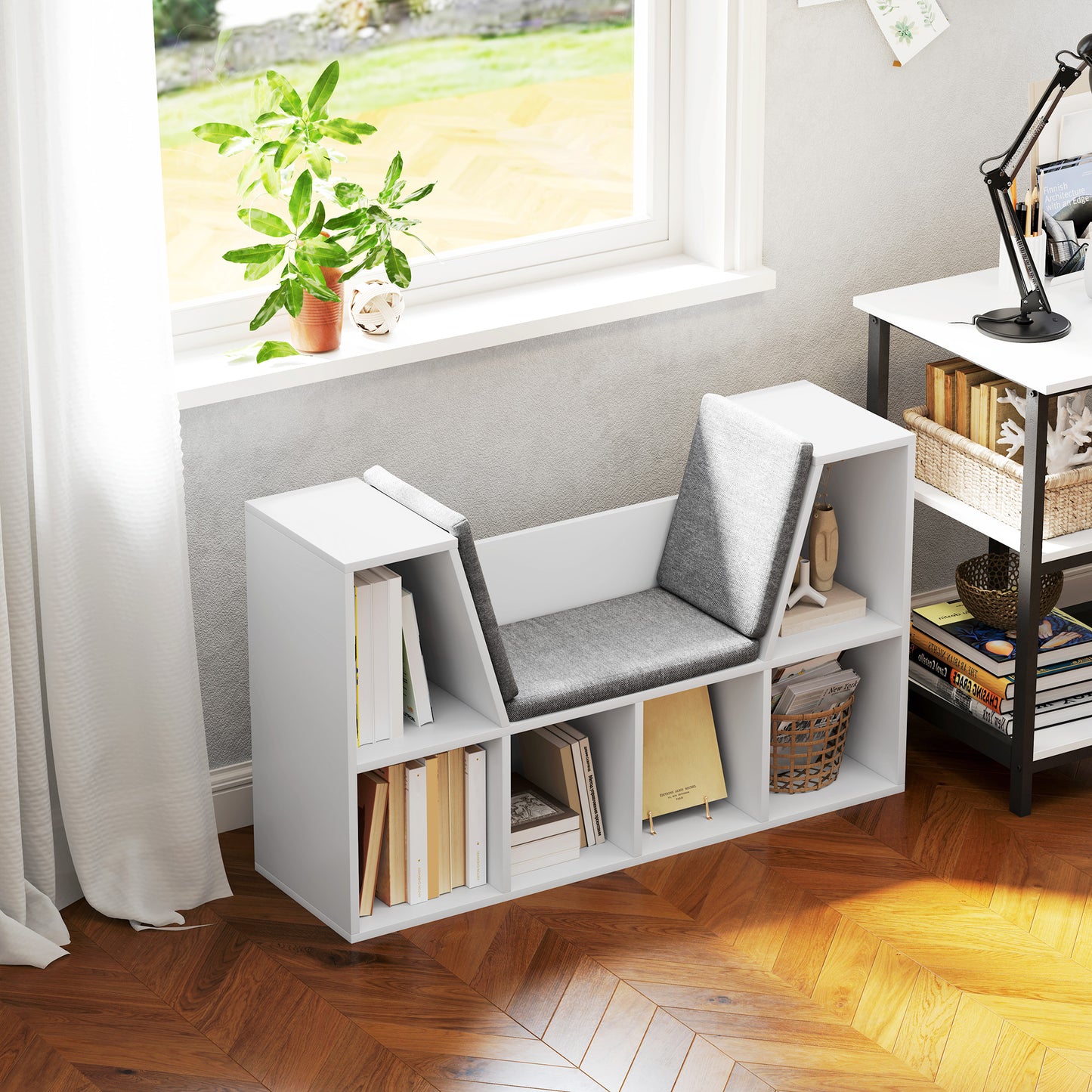 HOMCOM Bücherregal mit Sitzfläche, 6 Fächer, gepolstert, 105 x 30 x 63 cm, Weiß