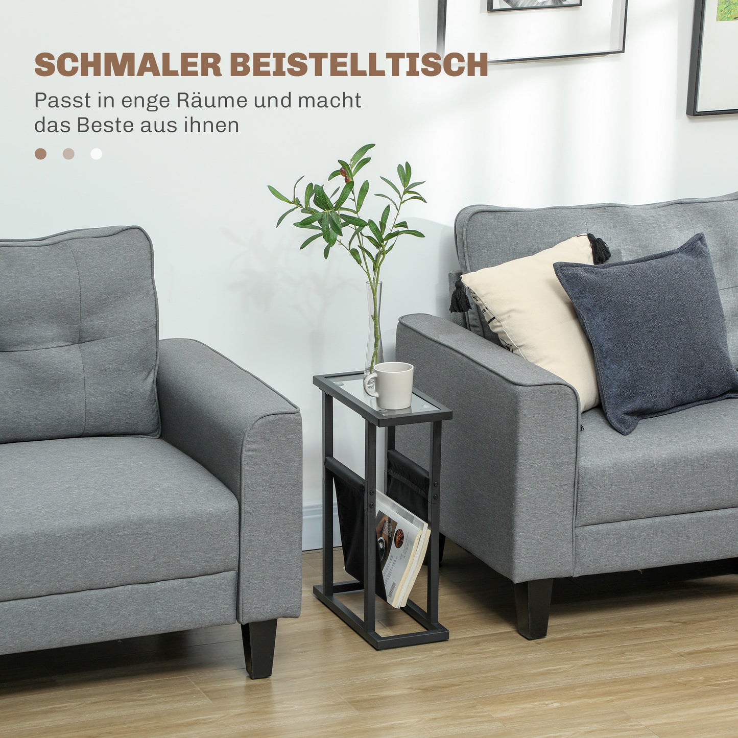 HOMCOM Beistelltisch aus Metall mit Stofftasche und Glasplatte, schmaler Tisch für Wohnzimmer, Schlafzimmer, Schwarz