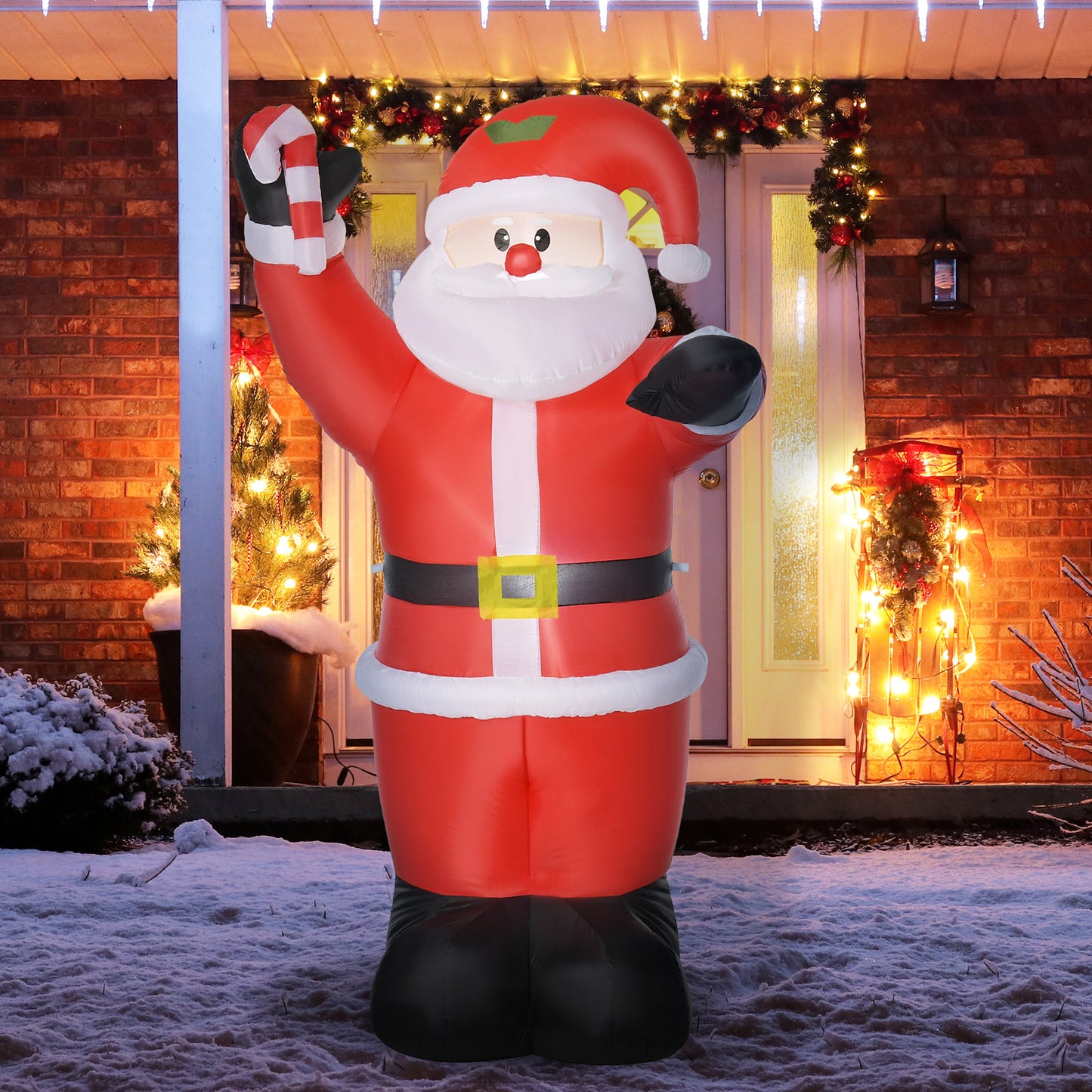 HOMCOM Aufblasbar Weihnachtsdeko, 2,4 m Weihnachtsmann mit LED-Beleuchtung, Zuckerstange