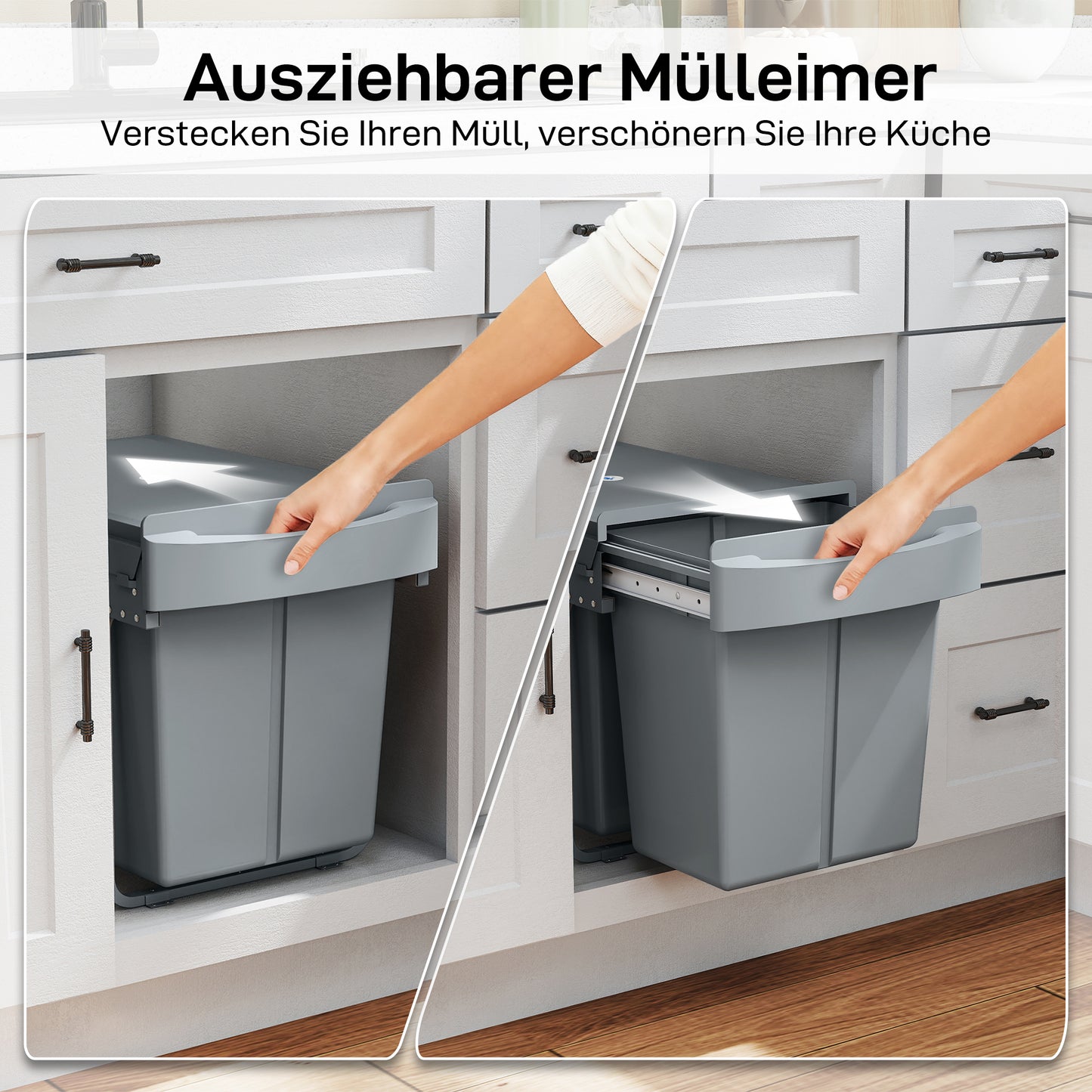 HOMCOM Ausziehbarer Mülleimer, 2 x 20 L, entnehmbare Behälter, Kunststoff, Metall, Grau