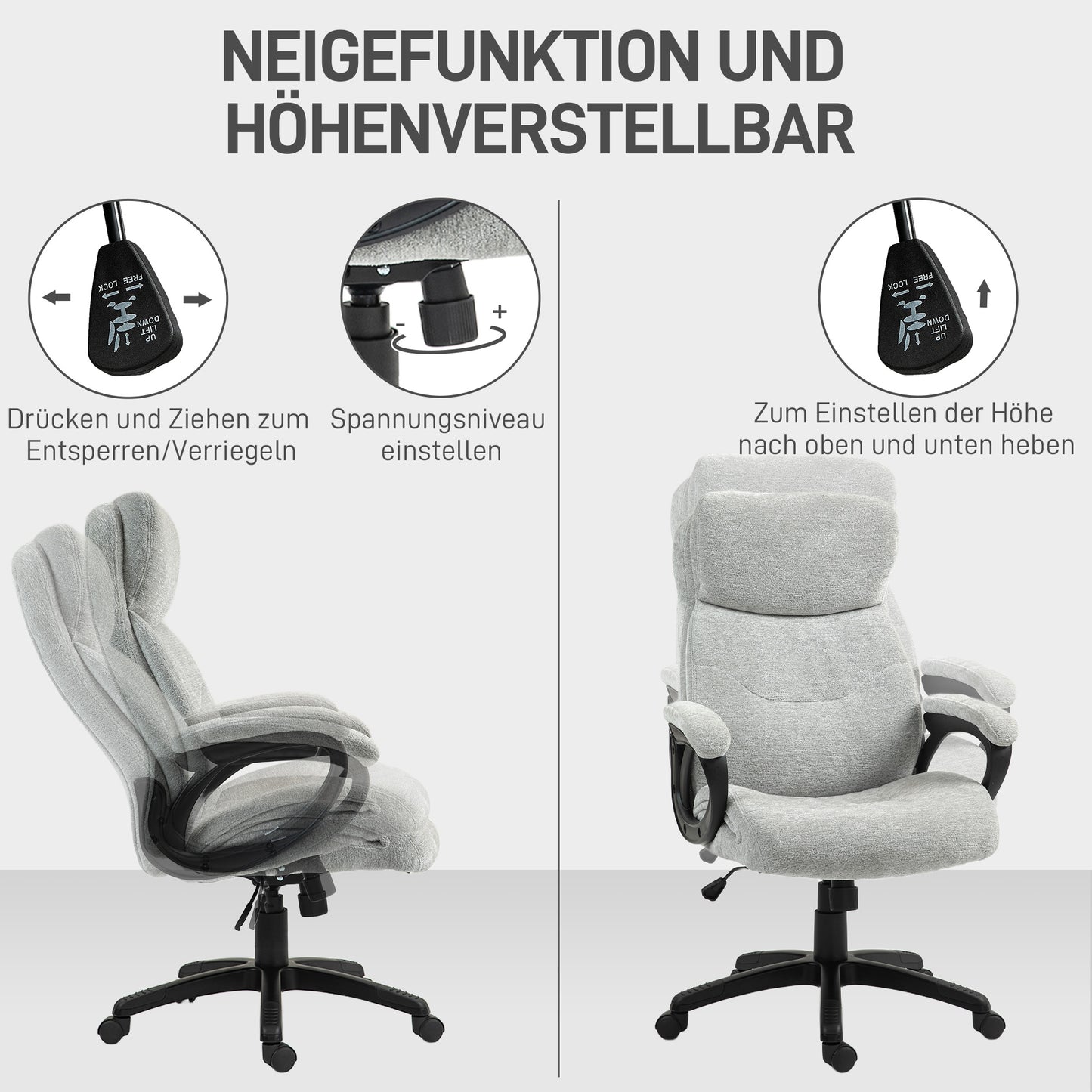 HOMCOM Bürostuhl, Schreibtischstuhl, drehbar, Wippfunktion, höhenverstellbar, Hellgrau