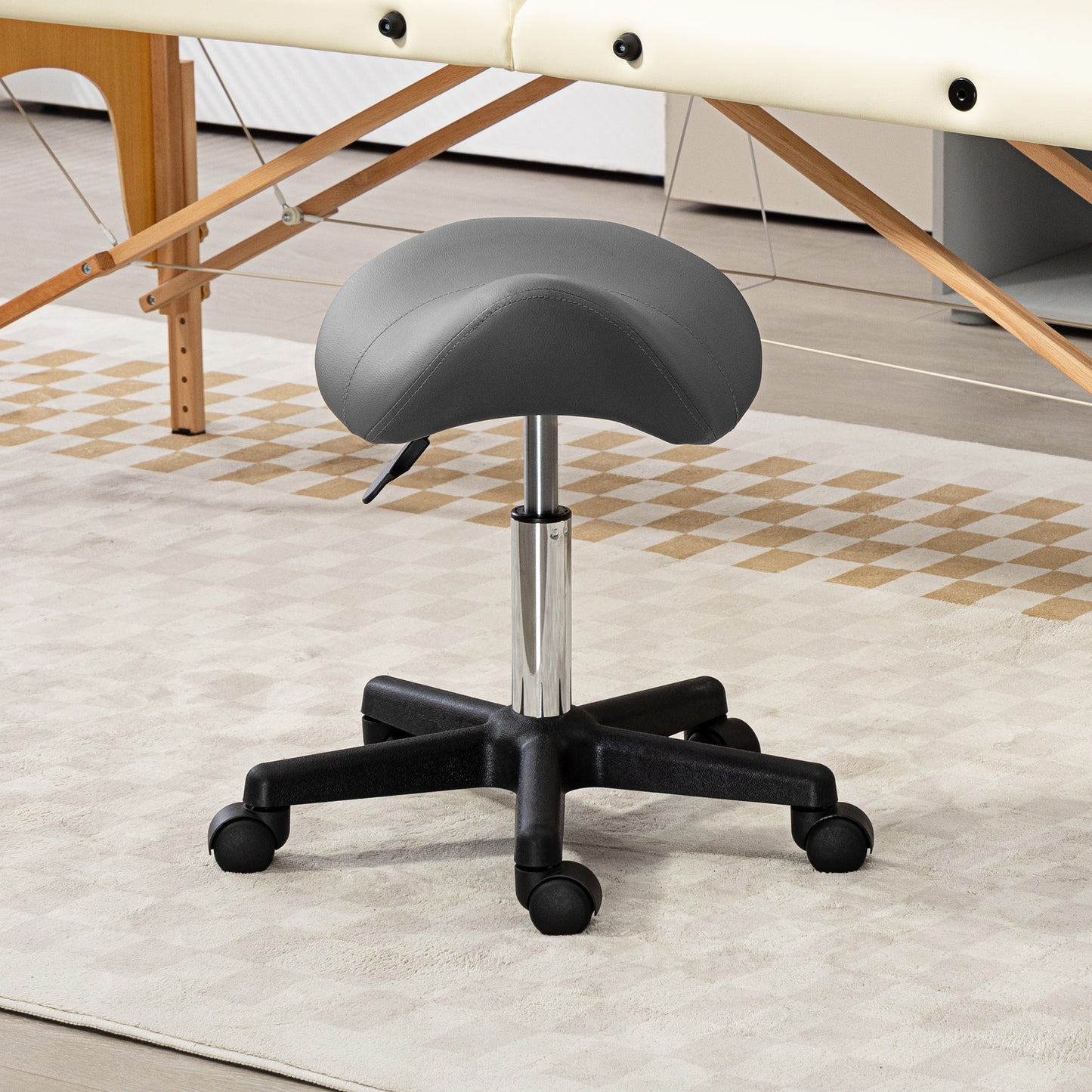HOMCOM Rollhocker, sattelförmiger Sitz, höhenverstellbar, um 360° drehbar, Kunstleder, grau, 48 x 47 x 45-59 cm