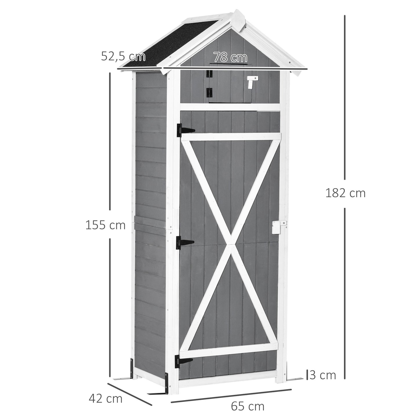 Outsunny Gartenschrank Holz, Geräteschuppen wetterfest 78x52,5x182cm, Gerätehaus mit Tür, Satteldach, Geräteschrank mit Haken, faltbar Tisch, Werkzeugschrank Gartenschuppen für Garten, Terrasse, Grau