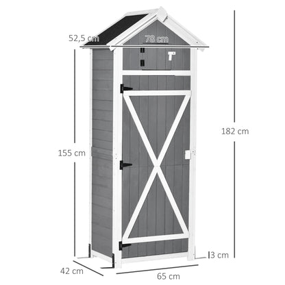 Outsunny Gartenschrank Holz, Geräteschuppen wetterfest 78x52,5x182cm, Gerätehaus mit Tür, Satteldach, Geräteschrank mit Haken, faltbar Tisch, Werkzeugschrank Gartenschuppen für Garten, Terrasse, Grau