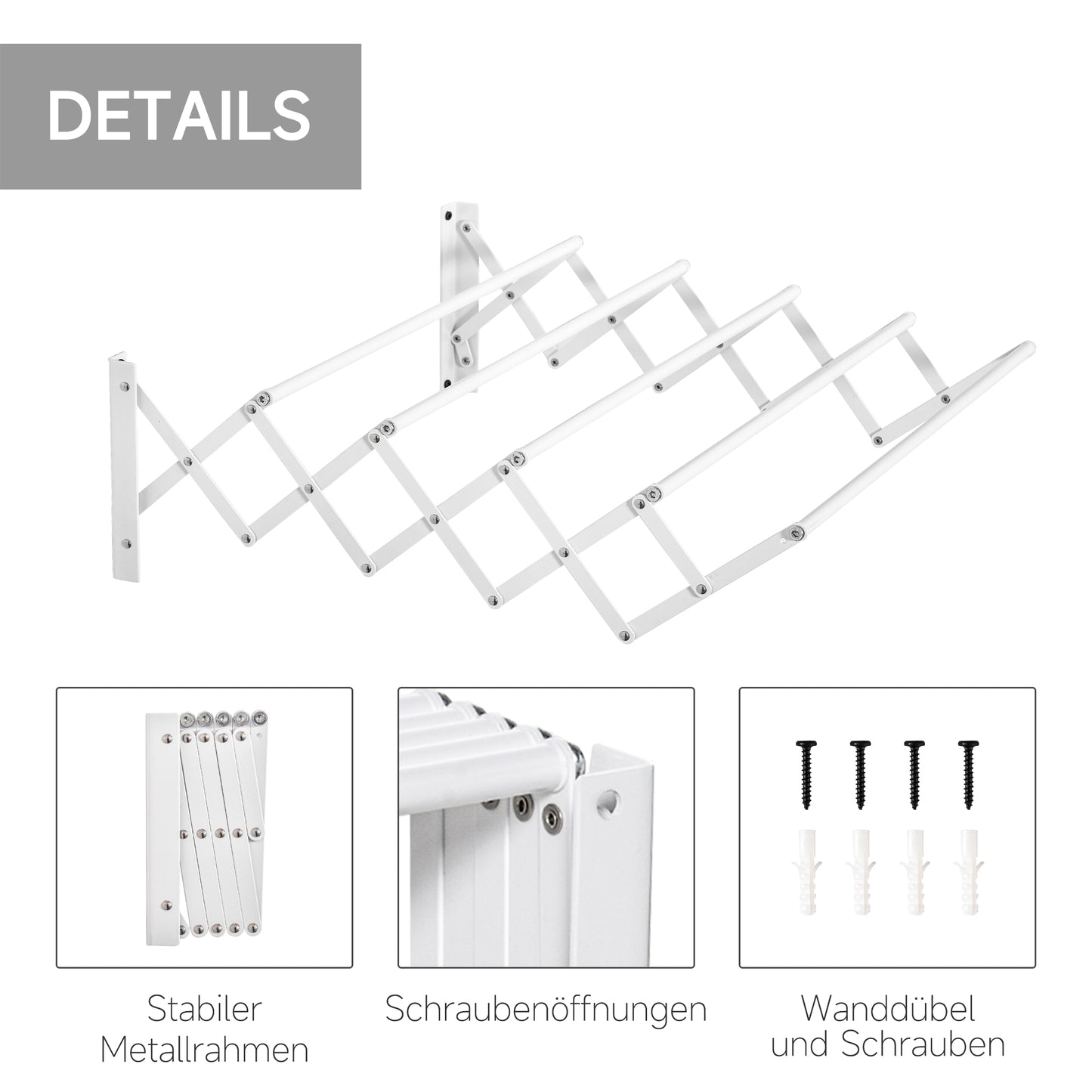 HOMCOM Wäscheständer für Wandmontage ausziehbar klappbar platzsparender Wäschetrockner، Wäschetrockner für Innen und Außen، أبيض، 63.5 × 60 × 20 سم
