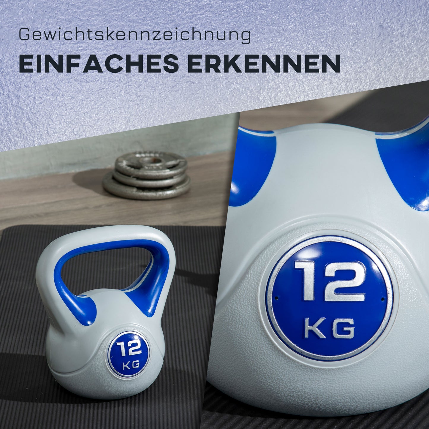 SPORTNOW Kugelhantel, Kettlebell, 12 kg, flache Unterseite, großer Griff, Kunststoffmantel, blau, 24 x 17 x 28 cm