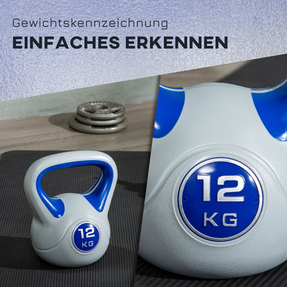 SPORTNOW Kugelhantel, Kettlebell, 12 kg, flache Unterseite, großer Griff, Kunststoffmantel, blau, 24 x 17 x 28 cm