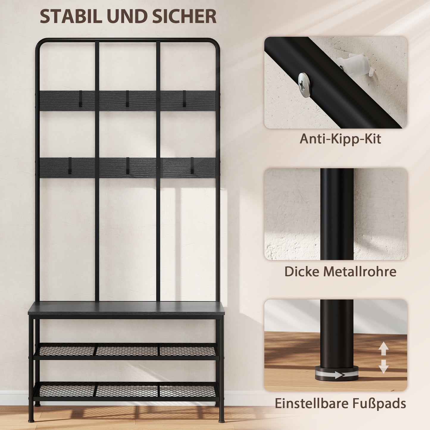 HOMCOM 3-in-1 Garderobenständer, Kleiderhaken, Sitzbank, Schuhregal, Metall, Spanplatte, Schwarz