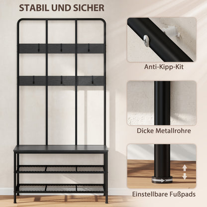 HOMCOM 3-in-1 Garderobenständer, Kleiderhaken, Sitzbank, Schuhregal, Metall, Spanplatte, Schwarz