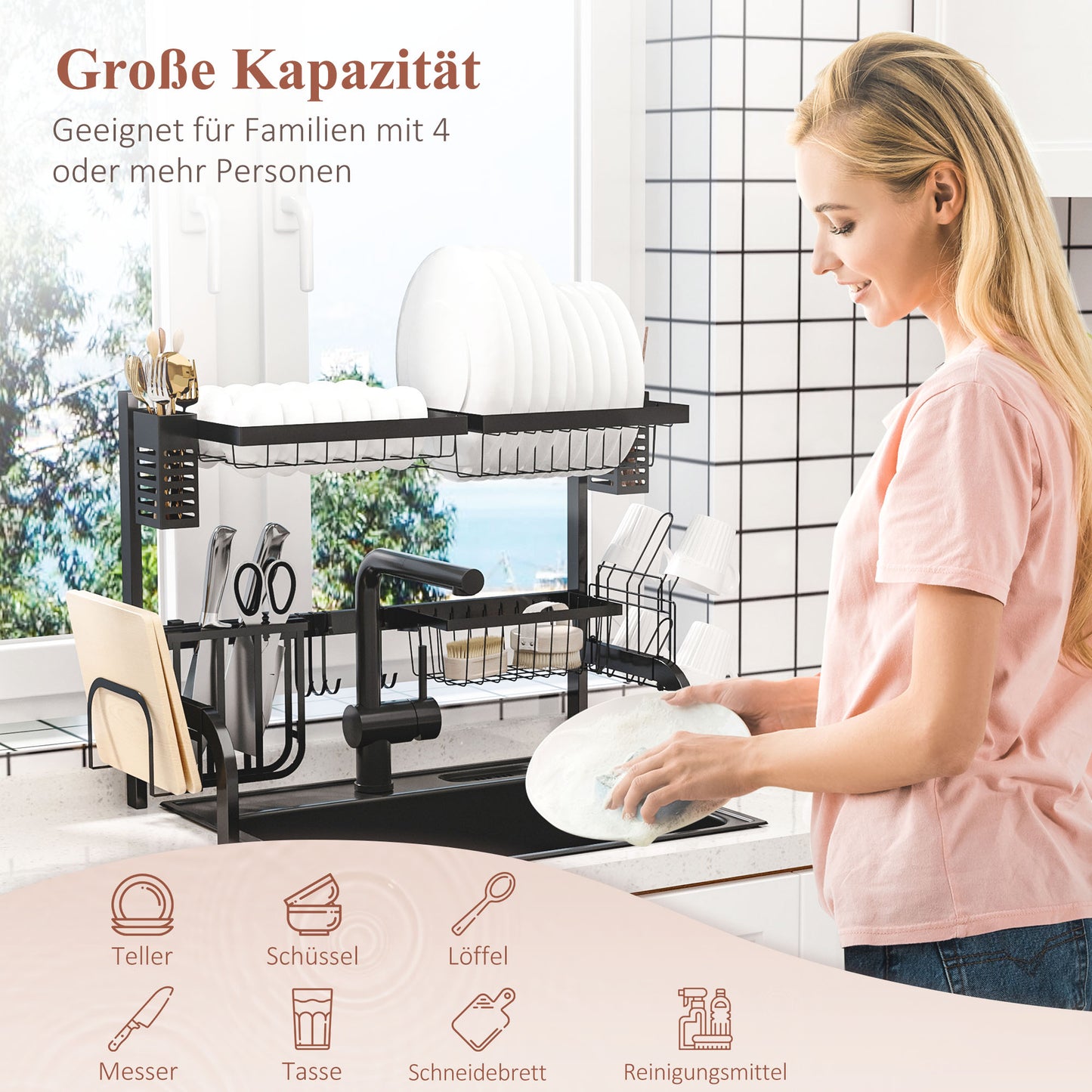 HOMCOM Geschirrkorb, Modularer Geschirrhalter aus Metall, bis zu 26 kg belastbar, Schwarz