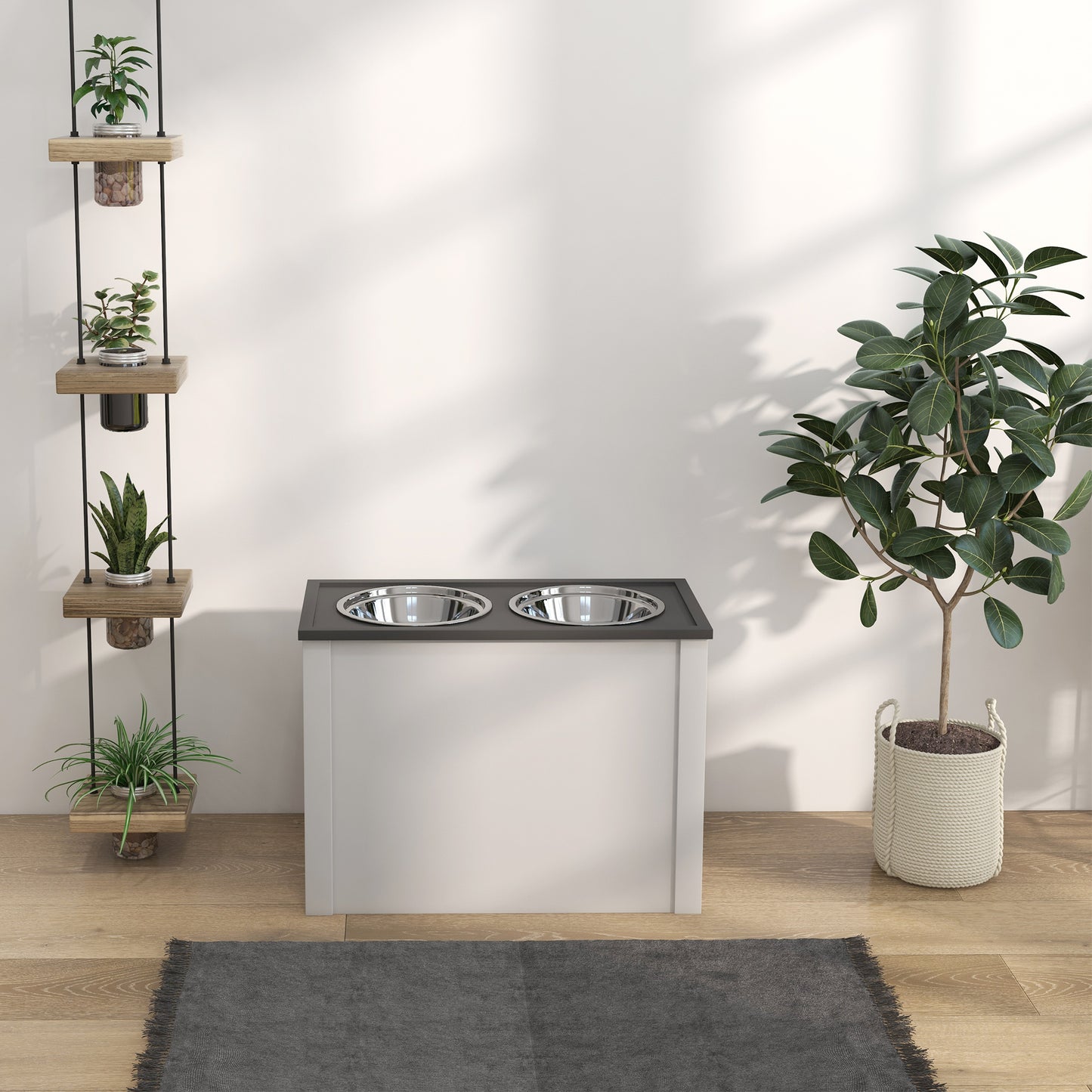 PawHut Futterstation Erhöhte Fressnäpfe 1 Stauraum 2 Edelstahl-Futternäpfe, 60 x 30 x 42cm, Weiß + Grau