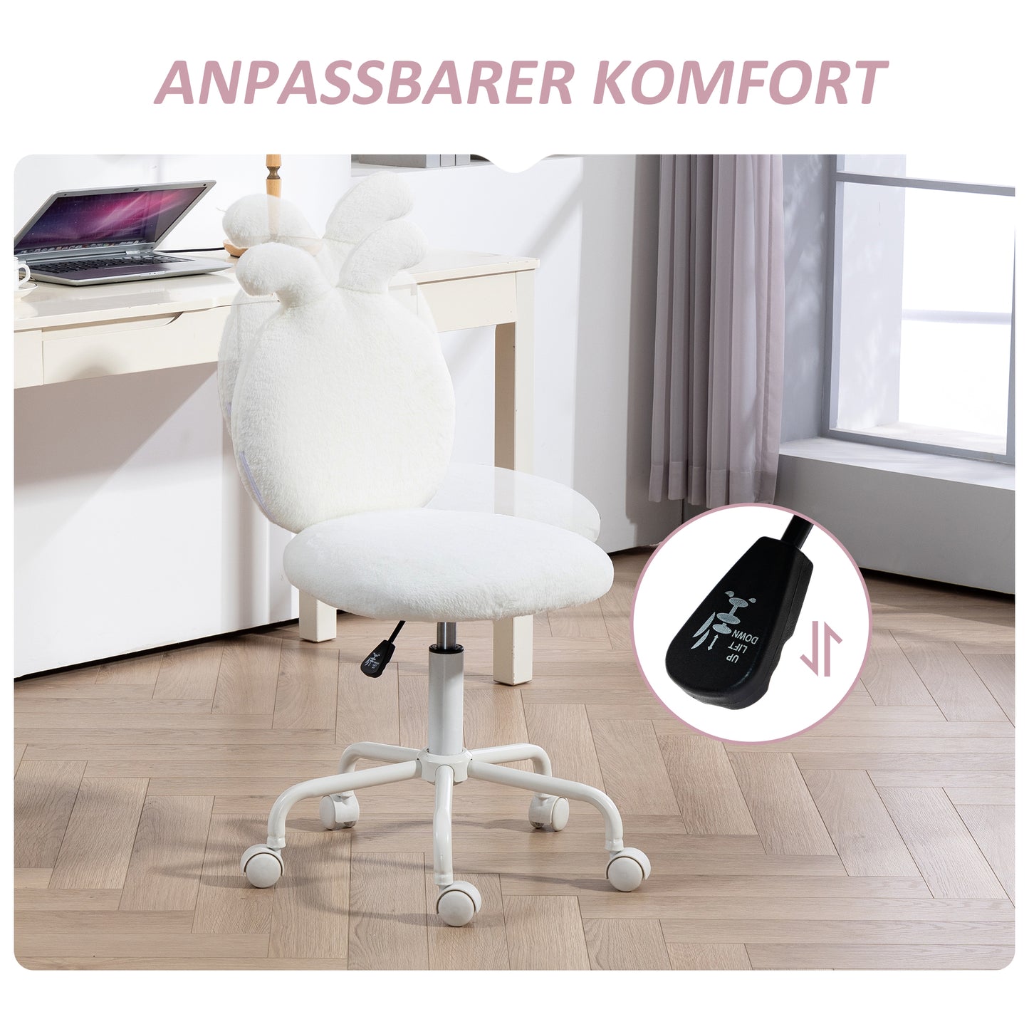 HOMCOM Polsterstuhl mit Hasenohren, Rollbarer Schreibtischstuhl, drehbar, Kunstfell, Weiß