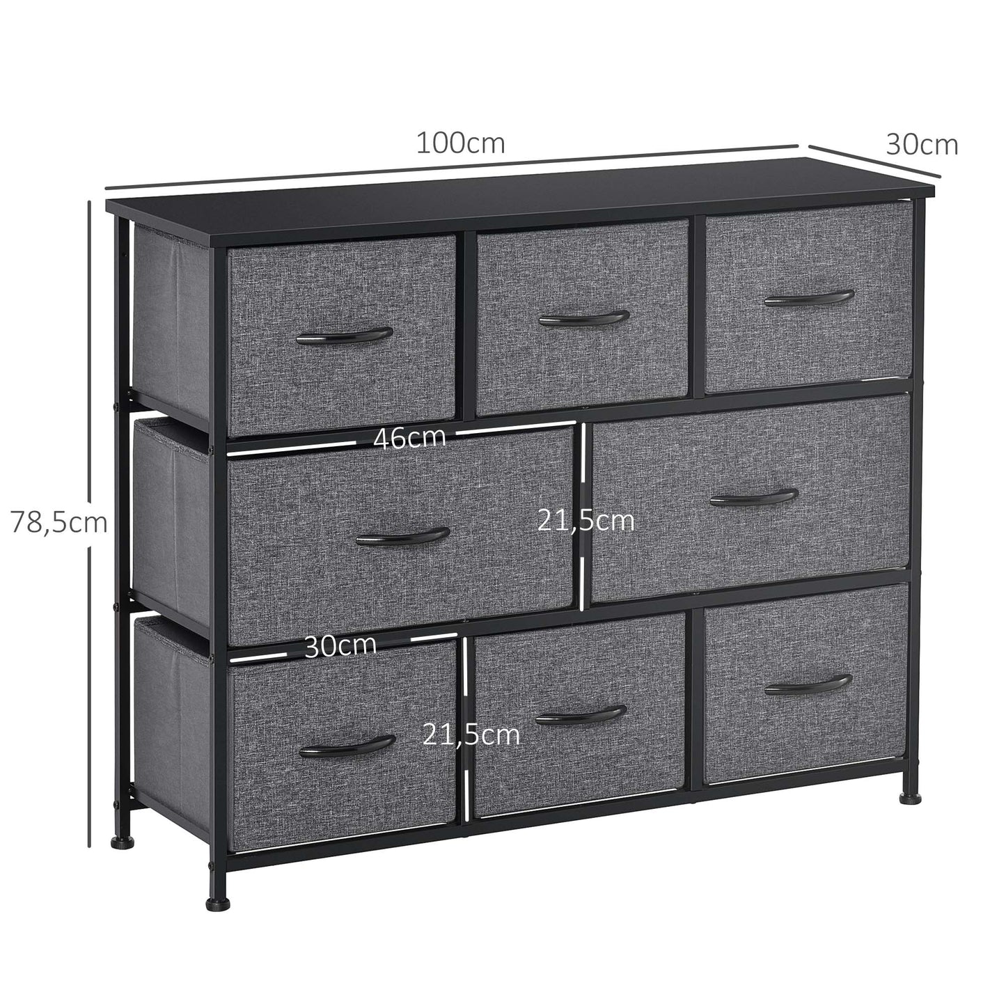 HOMCOM Kommode mit 8 Stoffschubladen, 2 große, 6 kleine, Metallrahmen, Kippschutz, Grau