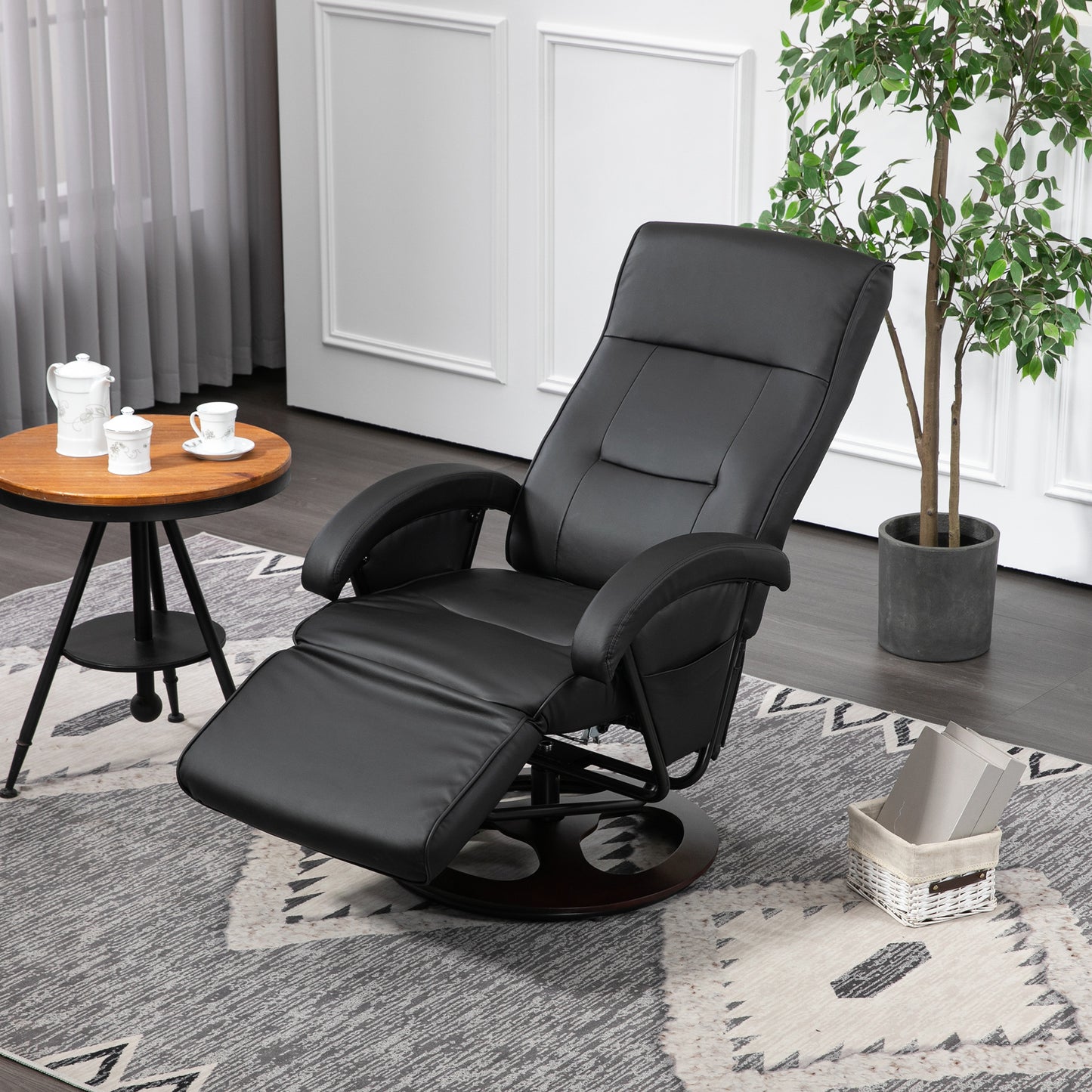 HOMCOM Drehbarer Polsterstuhl، Kunstleder، Fußstütze، Holzbasis، neigbar، Schwarz