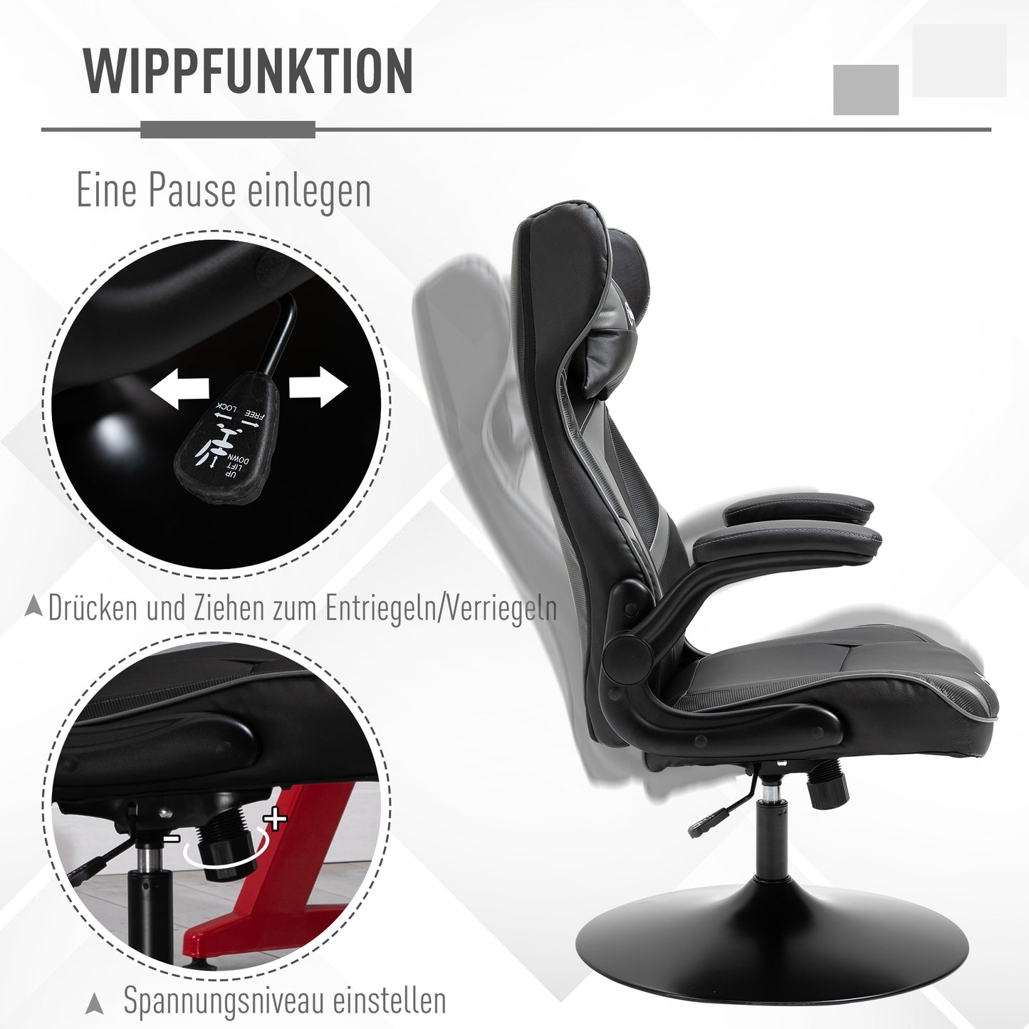 Vinsetto Gaming Stuhl ergonomischer Computerstuhl mit Wippfunktion Drehstuhl höhenverstellbar Stahl Schwarz+Grau 67 x 70 x 106-112 cm