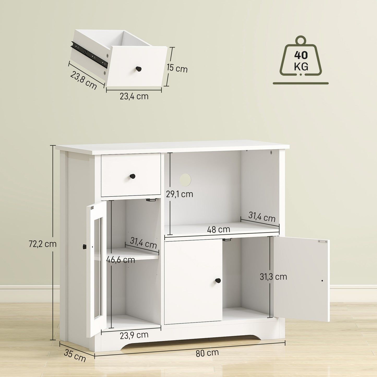 HOMCOM Küchenschrank mit Kabelloch, Kommode mit 2 Schränken, offenes Fach, Schublade, 80 x 35 x 72,2 cm, Spanplatte, Weiß