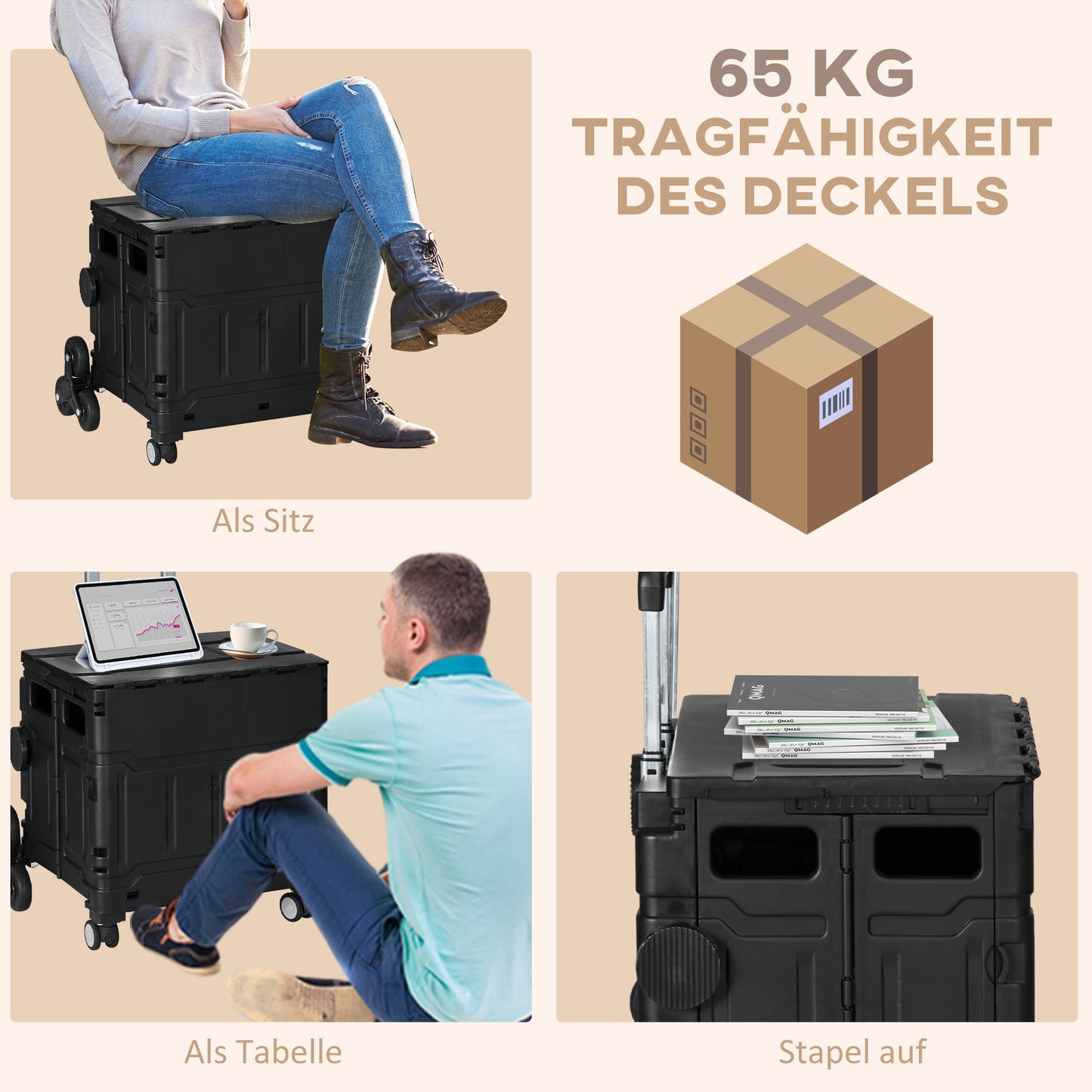 HOMCOM Einkaufswagen Einkaufstrolley, Treppensteiger, klappbar, Teleskopgriff, bis max. 65 Kilo belastbar, Schwarz