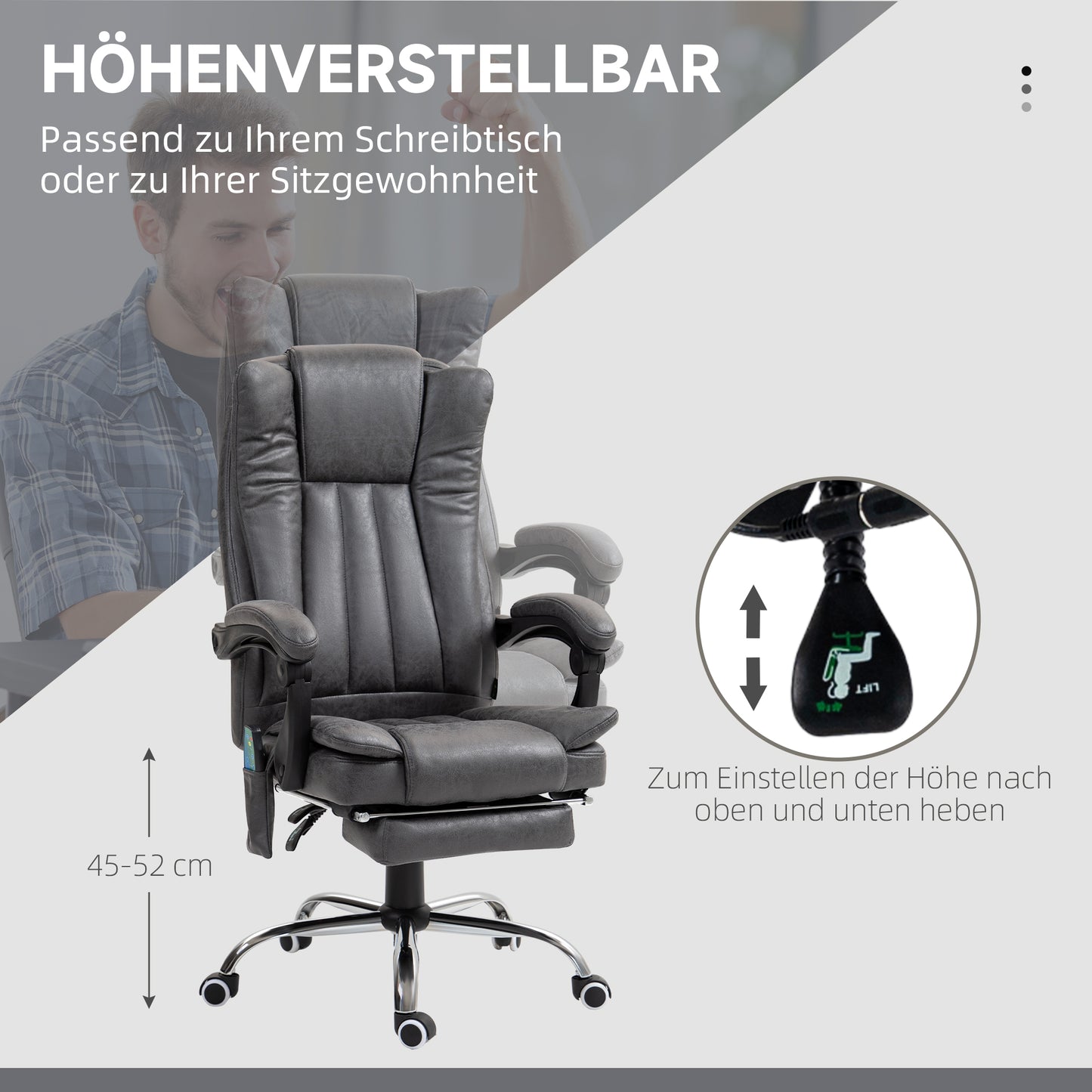 Vinsetto Chefsessel mit Massage- und Wärmefunktion، Fußstütze، verstellbar، مكرر 120 كجم، غراو