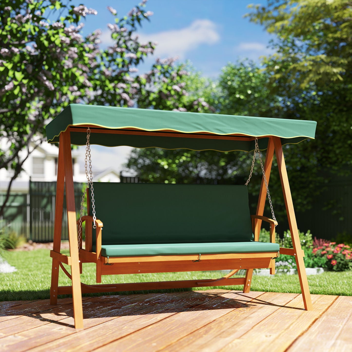 Outsunny Hollywoodschaukel mit Sonnendach, Echtholz-Gartenschaukel, Schaukelbank mit Liege-Funktion, für 3 Personen, Dunkelgrün