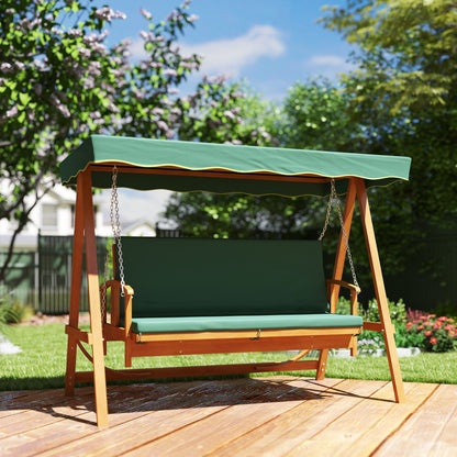 Outsunny Hollywoodschaukel mit Sonnendach, Echtholz-Gartenschaukel, Schaukelbank mit Liege-Funktion, für 3 Personen, Dunkelgrün