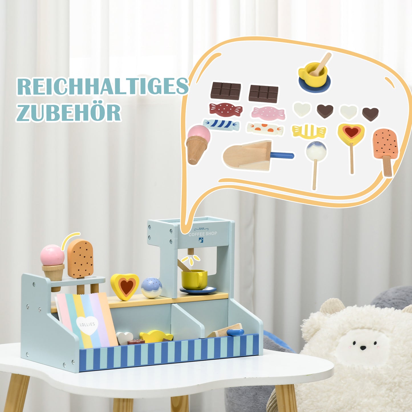 AIYAPLAY Spiel-Eisladen für Kinder, Eiscreme-Stand, viel Zubehör, fördert Fantasie und Motorik, Hellblau