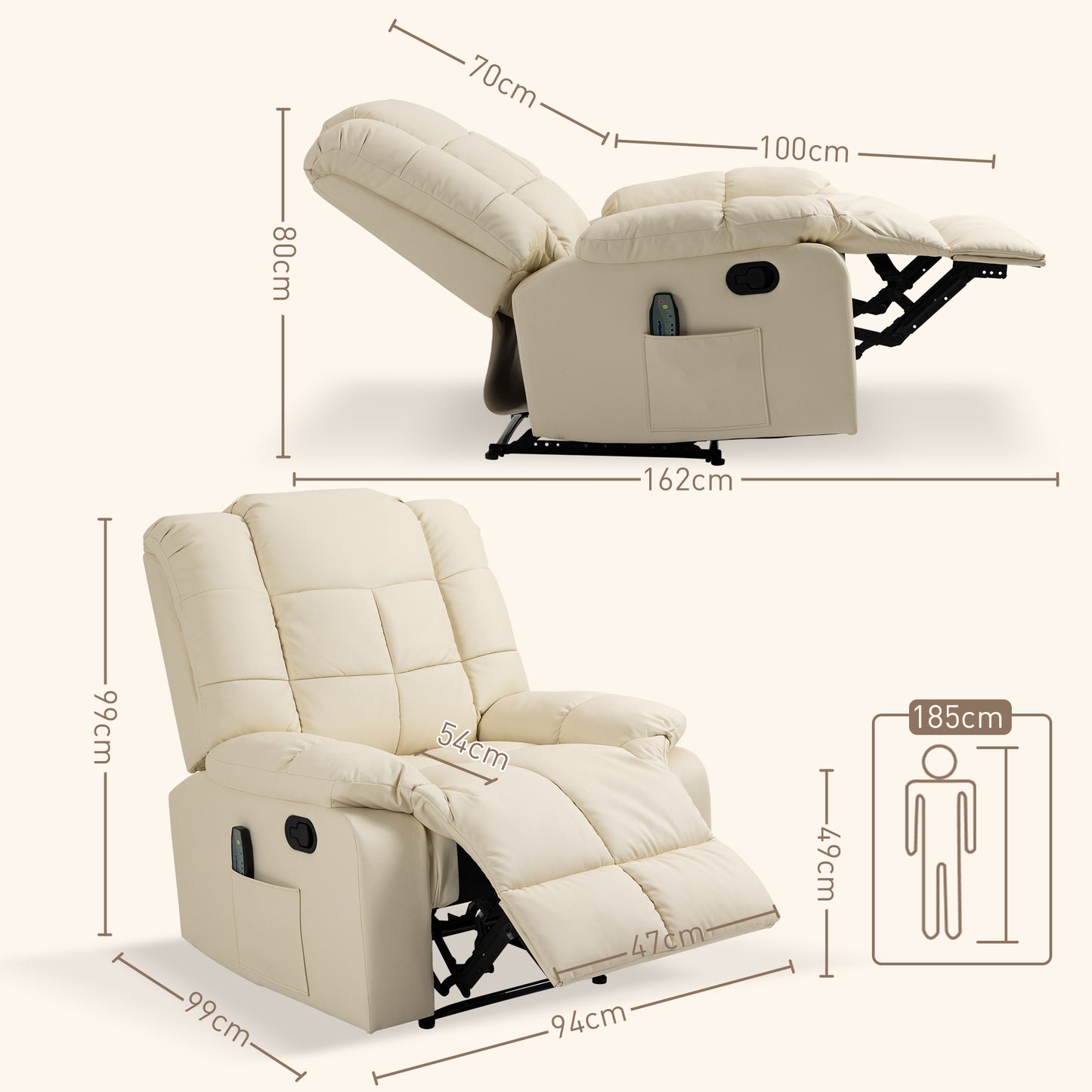 HOMCOM Massagesessel, Relaxsessel, 8 Vibrationspunkte, Liegefunktion, Kunstleder, cremeweiß, 94x99x99cm