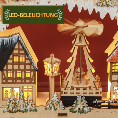 HOMCOM Adventskalender, Weihnachtsdorf, 18 LEDs, 24 Schubladen, wiederverwendbar, 45 x 9 x 42,5 cm