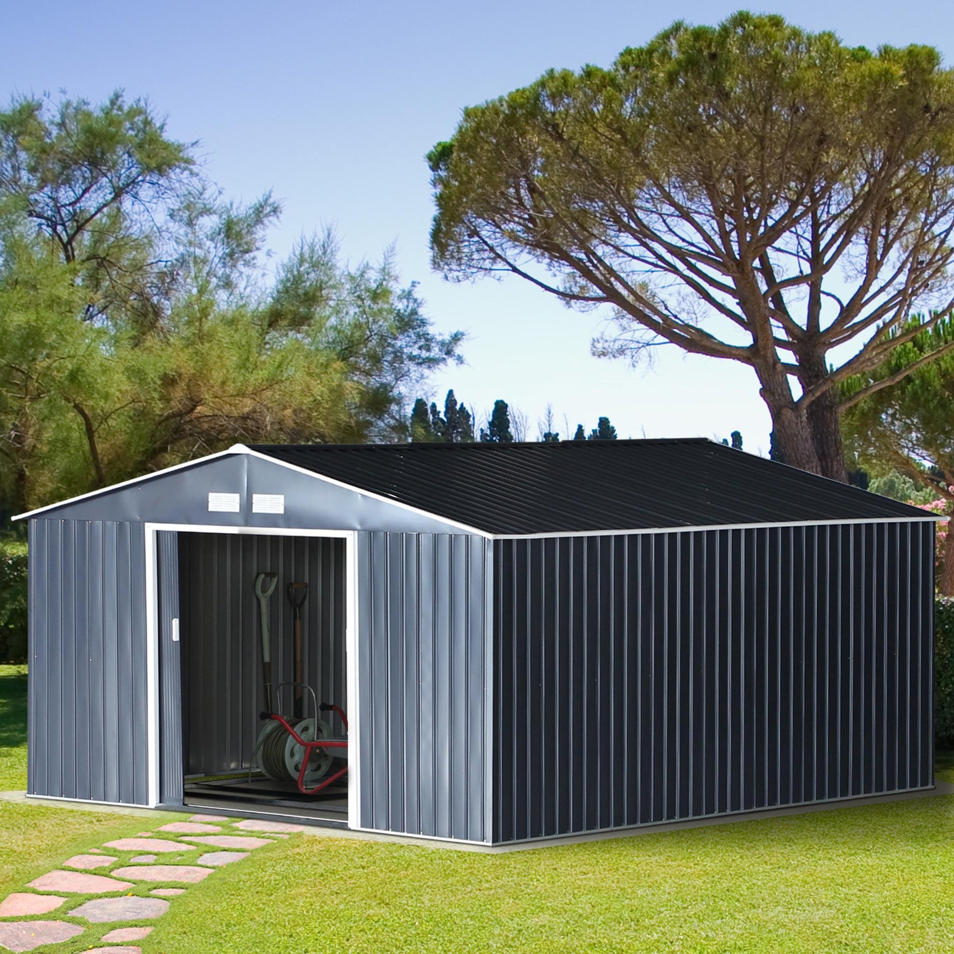 Outsunny Geräteschuppen, Wetterfestes Gartenhaus für Gartengeräte, mit Belüftungsfenstern, Schiebetüren, Stahl, Kohlegrau