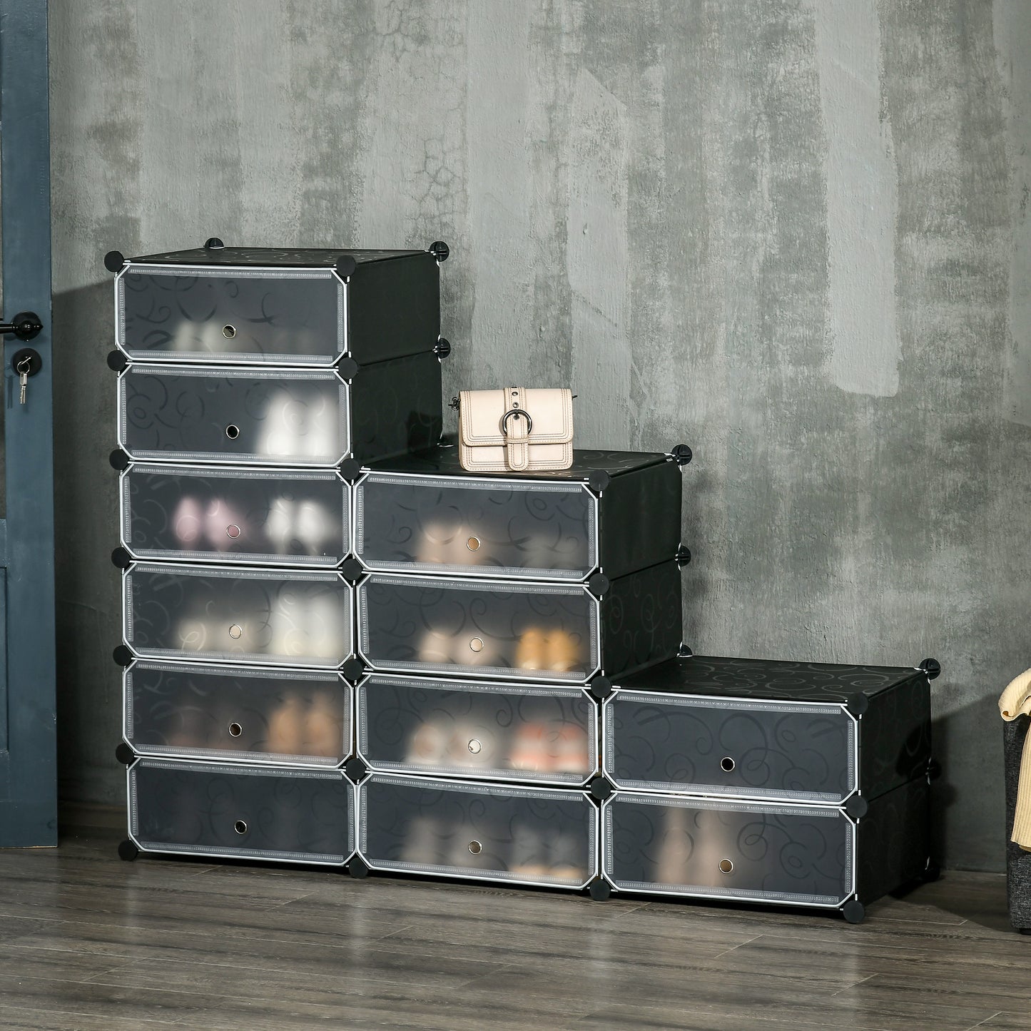 HOMCOM Schuhregal, 12 Aufbewahrungsboxen für 24 Paar Schuhe, Kunststoff, Schwarz+Weiß