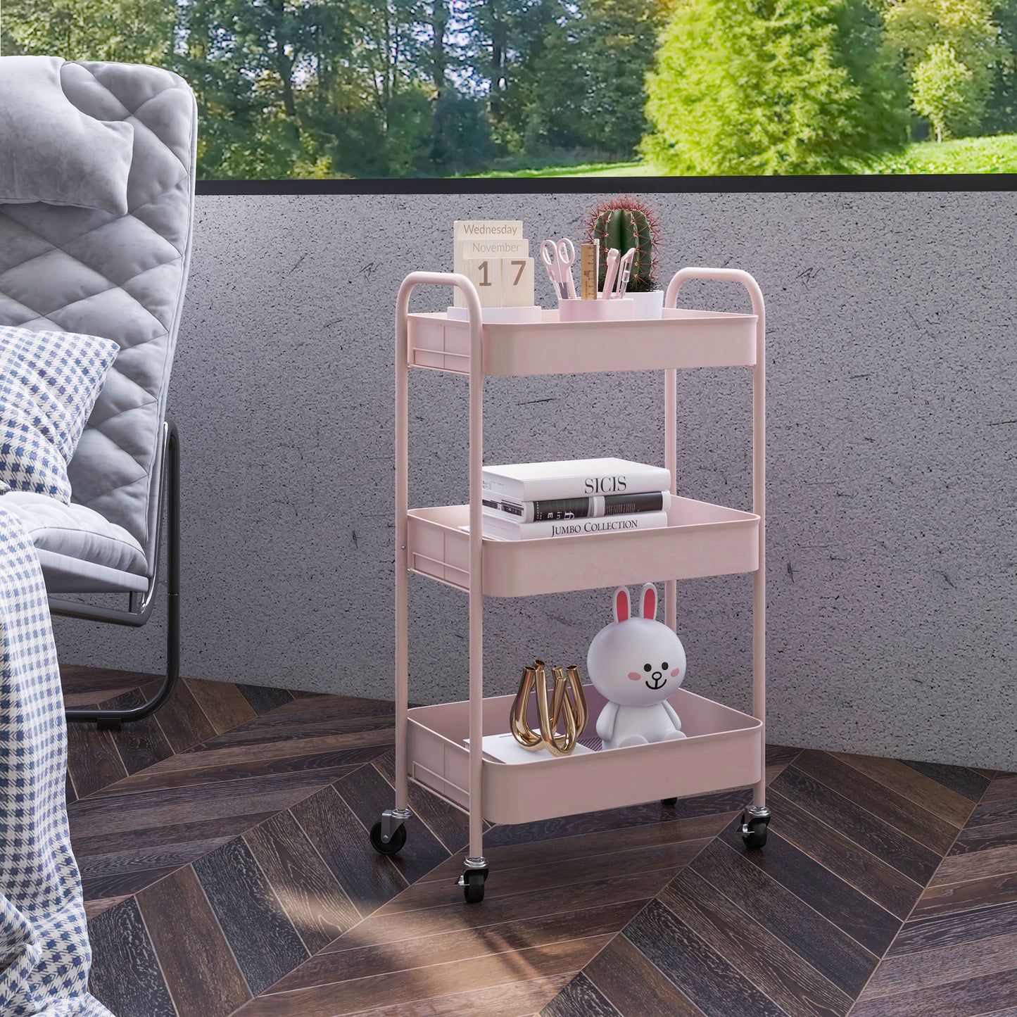 HOMCOM Mehrzweckwagen Rollwagen Küchenwagen, 3 Regale, 4 Rollen, 45 cm x 30,6 cm x 79 cm, Rosa