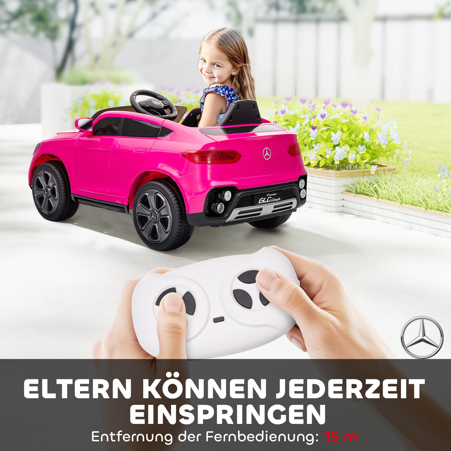 AIYAPLAY Elektroauto für Kinder, 12V Kinderauto mit Fernbedienung, LED-Lichter, Musik, 3 Geschwindigkeiten, 3-6 Jahre, Rosa