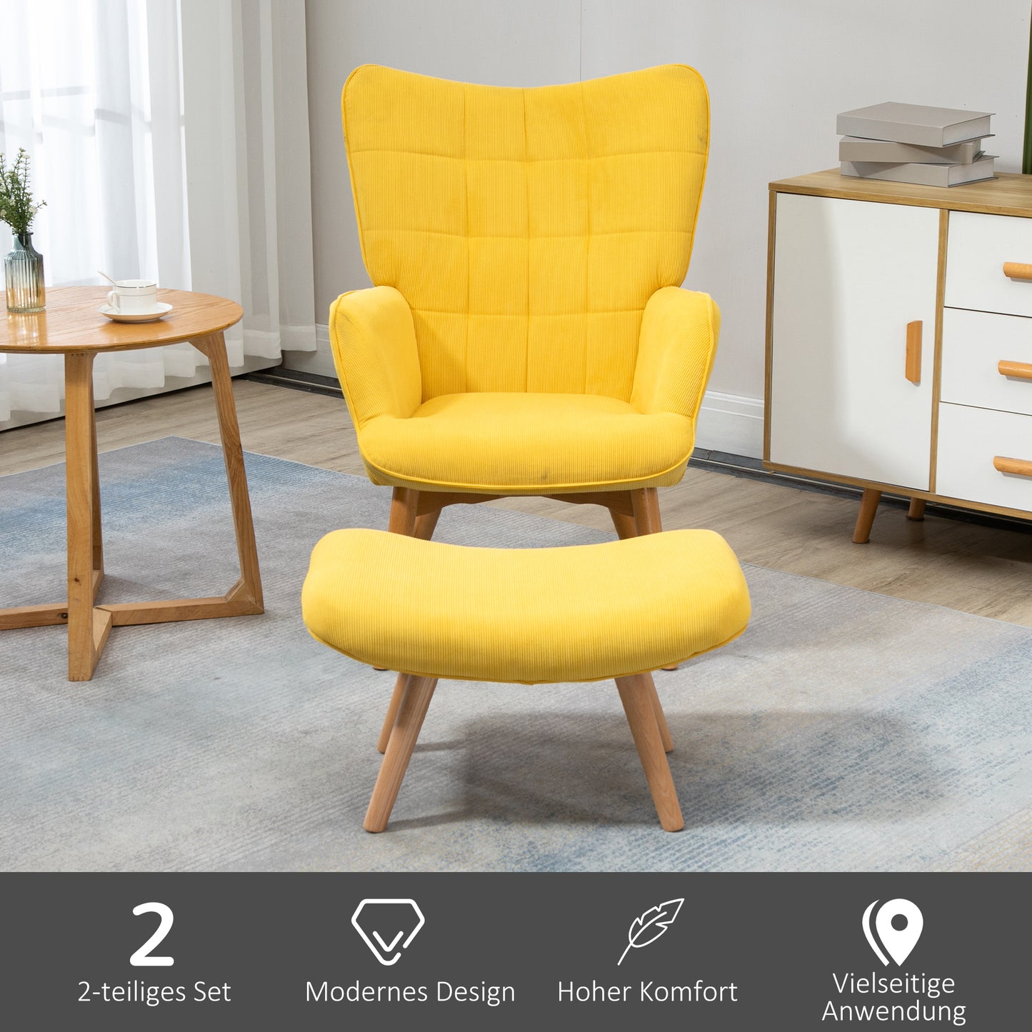 HOMCOM Akzentsessel mit Hocker, Relaxsessel in Cord-Optik, Armlehnstuhl mit Holzbeinen, für Wohnzimmer, Gelb