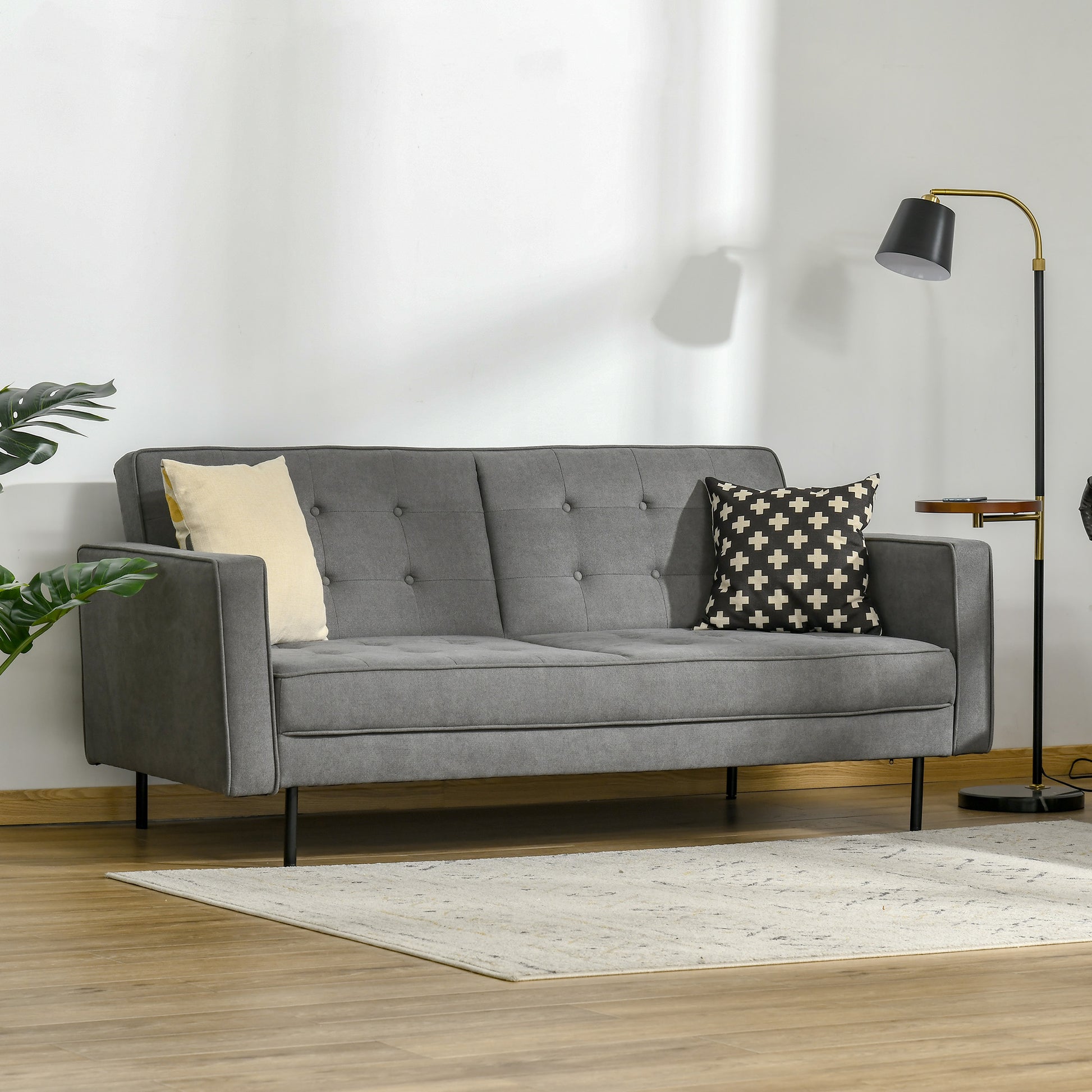 HOMCOM Schlafsofa 3-Sitzer Schlafcouch Stoffsofa Sofa mit Schlaffunktion Bettsofa mit verstellbarem Winkel Vintage Eukalyptusholz Baumwolle Grau